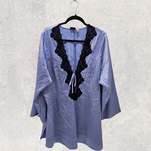 Frederick's of Hollywood Satin Kimono Gown 2X Purple Black Lace Trim Tie Front